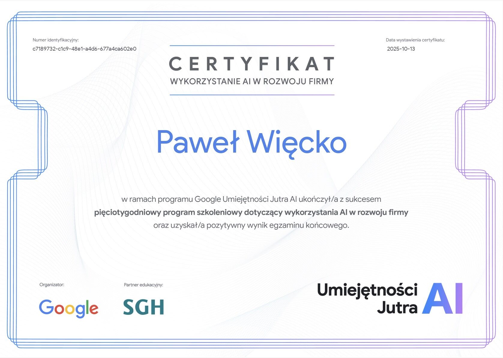 Certyfikat: wykorzystanie AI w rozwoju firmy — Google Umiejętności Jutra AI